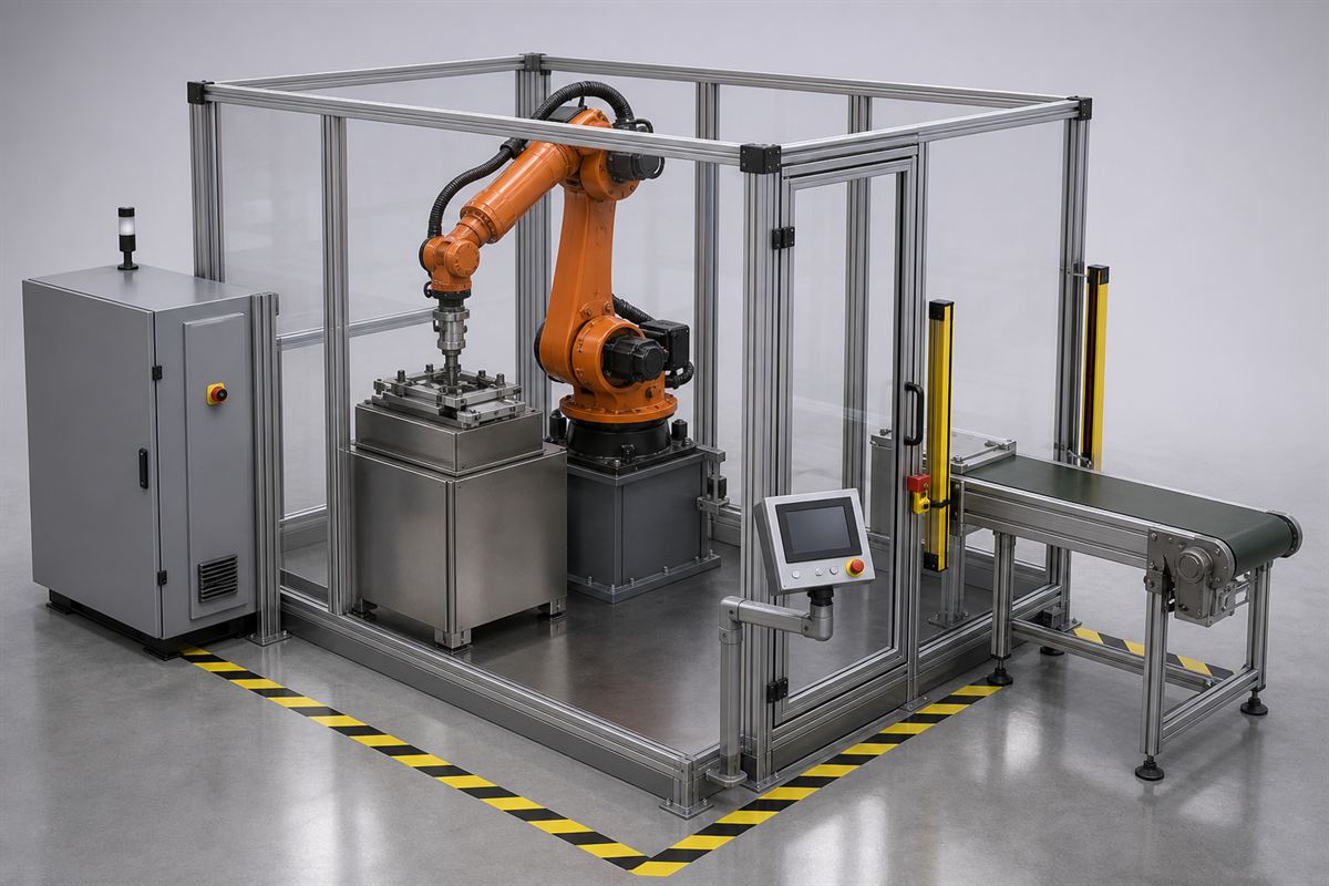 Célula robotizada com robô industrial de seis eixos, cerca de segurança em perfil de alumínio, esteira transportadora e painel de comando