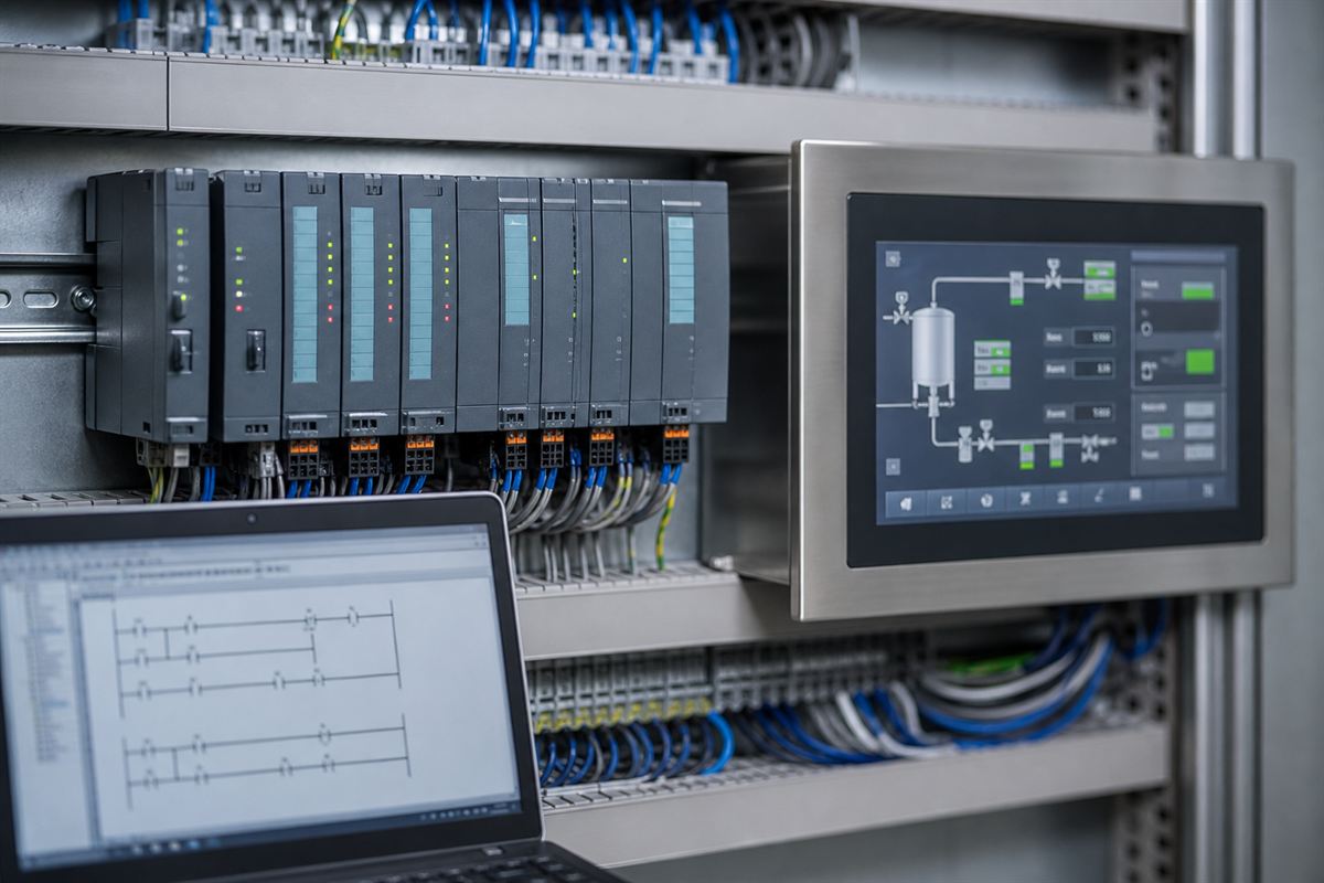 CLP modular instalado em painel elétrico, ao lado de IHM com tela de processo e notebook exibindo programação em ladder
