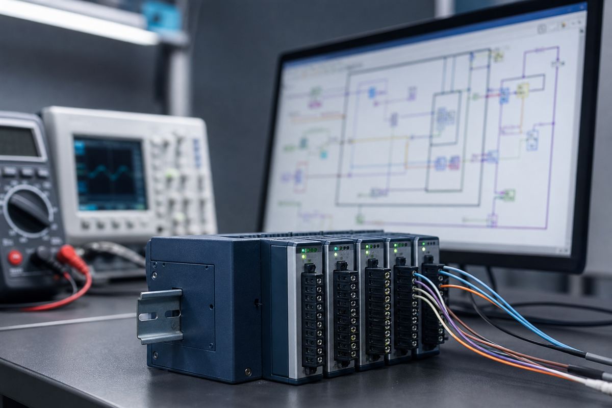 Controlador modular de aquisição de dados em bancada de testes, com diagrama de programação gráfica LabVIEW na tela ao fundo