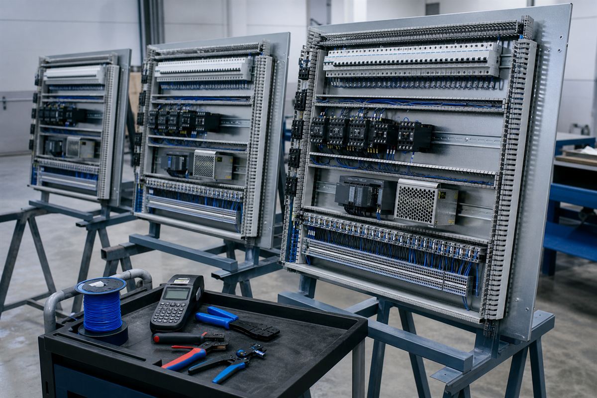 Três painéis elétricos em montagem sobre cavaletes, com disjuntores, contatoras, bornes e CLP instalados